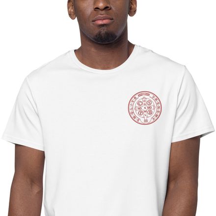 Embroidered Men&#x27;s Premium Cotton T-Shirt, St. Benedict Medal, 16k4ku design, red, left chest