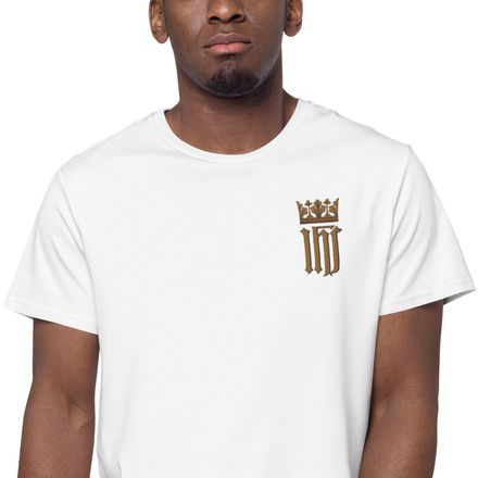 Embroidered Men&#x27;s Premium Cotton T-Shirt, IHS with Crown, Golden Pattern, nlxdo1, left chest