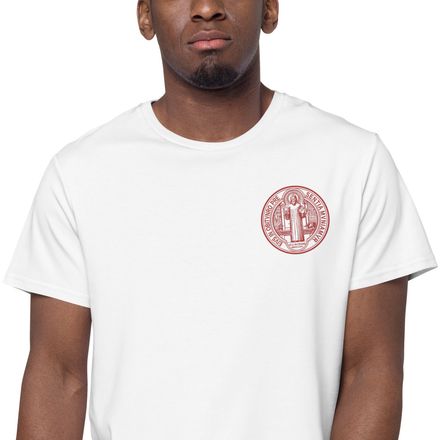 Embroidered Men&#x27;s Premium Cotton T-Shirt, St. Benedict Medal, debxwe design, red, left chest