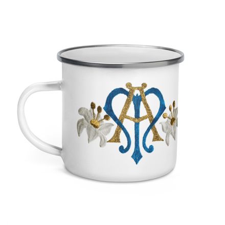 Enamel Mug, Auspice Maria, Crest with side flowers, hlduri