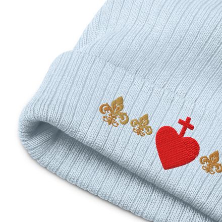 Ribbed Knit Beanie, Sacred Heart of Jesus, 7ugqf9 design, Fleur de Lys, wave pattern