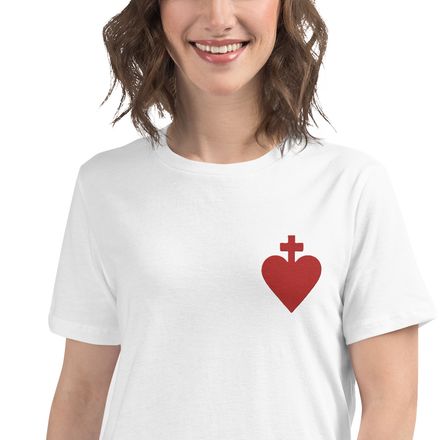 Embroidered Women&#x27;s Relaxed T-Shirt, Sacred Heart of Jesus, yjegla design, left chest