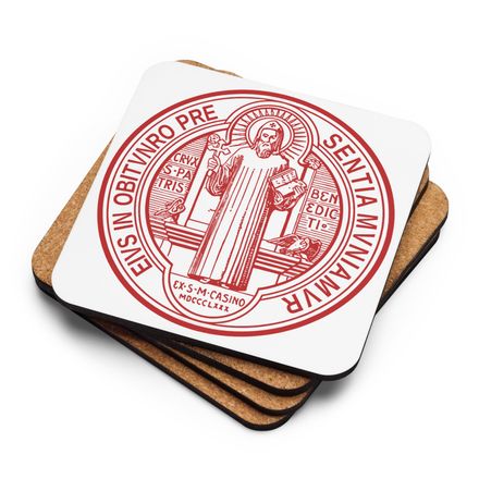 Cork-Back Coaster, St. Benedict Medal, debxwe design, red