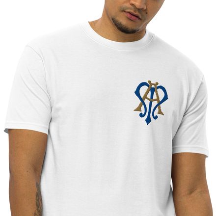 Embroidered Men&#x27;s Premium Heavyweight Tee, Auspice Maria, Crest, rphg0v, left chest