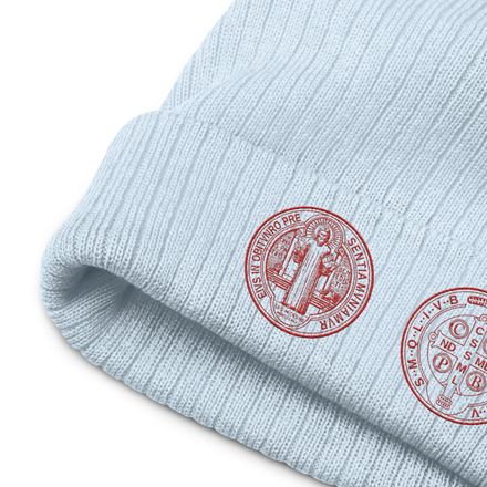 Ribbed Knit Beanie, St. Benedict Medal, filt5a design, red