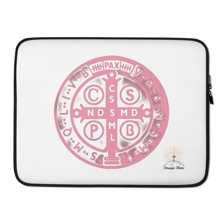 Laptop Sleeve, St. Benedict Medal, oih8m5 design, pink