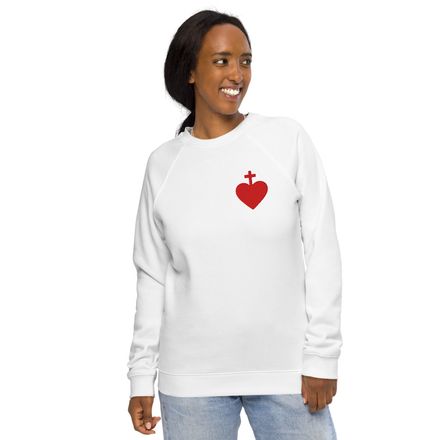 Embroidered Unisex Organic Raglan Sweatshirt, Sacred Heart of Jesus, 7ugqf9 design, left chest