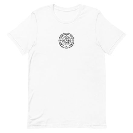 Embroidered Unisex Staple T-Shirt, St. Benedict Medal, 16k4ku design, front centre chest