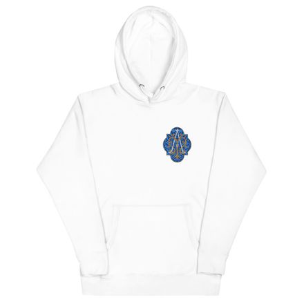 Embroidered Unisex Premium Hoodie, Auspice Maria, Crest with rounded Cross, u3bkt0, left chest