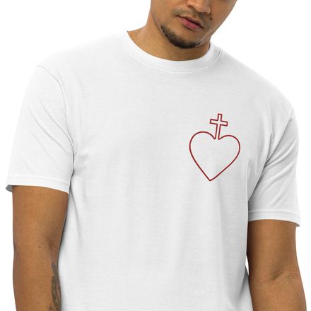 Embroidered Men&#x27;s Premium Heavyweight Tee, Sacred Heart of Jesus, 7ugqf9 hollow design, left chest