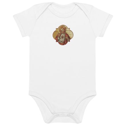 Embroidered Organic Cotton Baby Bodysuit, Sacred Heart of Jesus, eq75pu design
