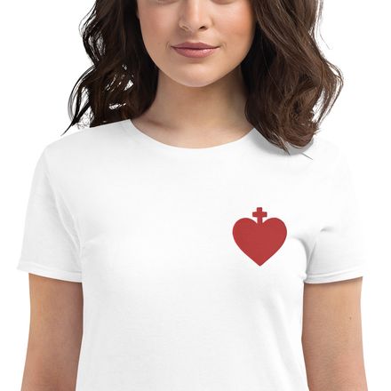 Embroidered Women&#x27;s Fashion Fit T-Shirt, Sacred Heart of Jesus, zhw6bo, left chest