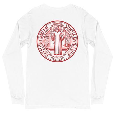 Unisex Long Sleeve Tee, St. Benedict Medal, filt5a design, red, left chest, large back, reversed