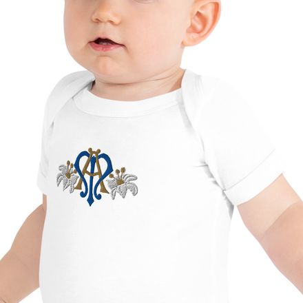Embroidered Baby Short Sleeve One Piece, Auspice Maria, Crest with side flowers, hlduri