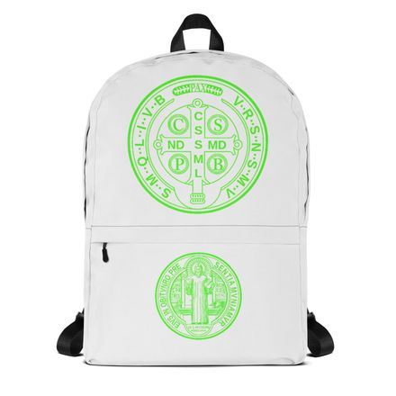 Backpack, St. Benedict Medal, filt5a design, bright green, back at top