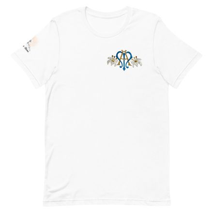 Unisex Staple T-Shirt, Auspice Maria, Crest with side flowers, hlduri, left chest