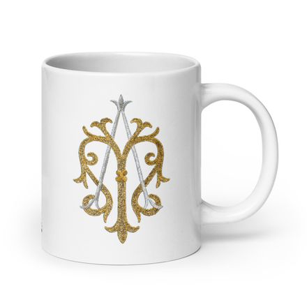   White Glossy Mug, 20oz, Auspice Maria, Crest, kgvlsx