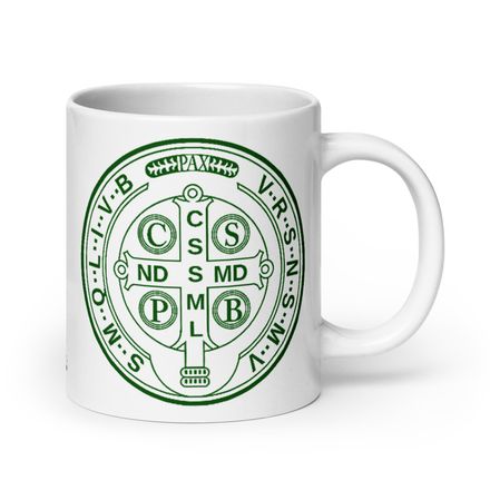   White Glossy Mug, 20oz, St. Benedict Medal, filt5a design, dark green