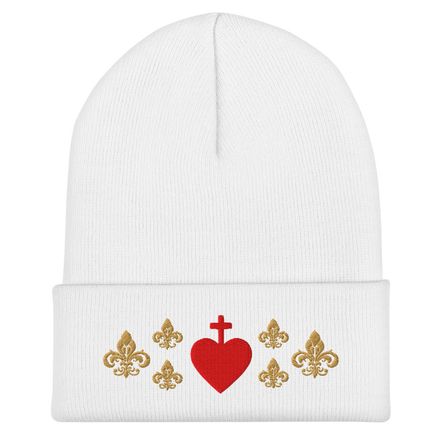 Cuffed Beanie, Sacred Heart of Jesus, 7ugqf9 design, Fleur de Lys, tri-pattern