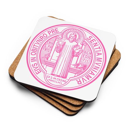 Cork-Back Coaster, St. Benedict Medal, debxwe design, pink