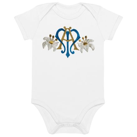 Organic Cotton Baby Bodysuit, Auspice Maria, Crest with side flowers, hlduri