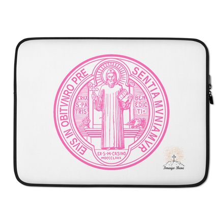 Laptop Sleeve, St. Benedict Medal, debxwe design, pink