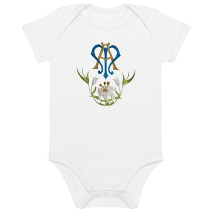 Organic Cotton Baby Bodysuit, Auspice Maria, Crest with bottom flowers, ber1mq