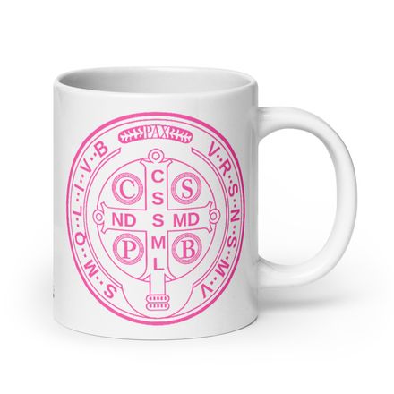   White Glossy Mug, 20oz, St. Benedict Medal, filt5a design, pink