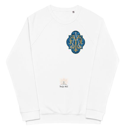 Unisex Organic Raglan Sweatshirt, Auspice Maria, Crest with rounded Cross, u3bkt0, left chest