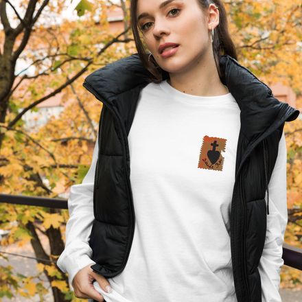 Embroidered Unisex Long Sleeve Tee, Sacré Coeur, Dieu de Roi, Vendée Chou, sqpbrl design, left chest