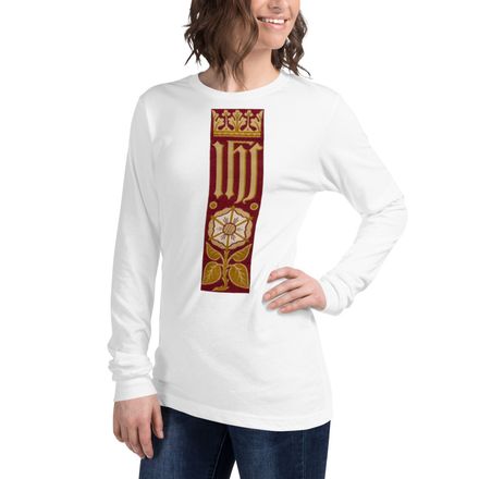 Unisex Long Sleeve Tee, IHS Stripe With Crown and Monstrance, Red, yok2qk