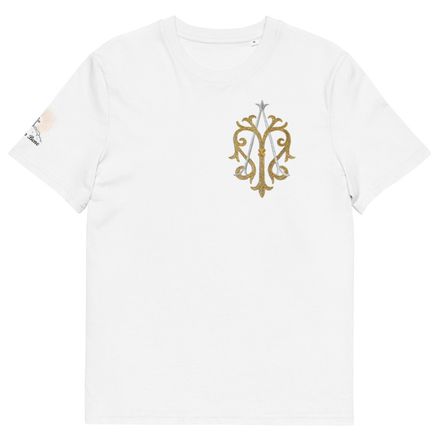 Unisex Organic Cotton T-Shirt, Auspice Maria, Crest, kgvlsx, left chest