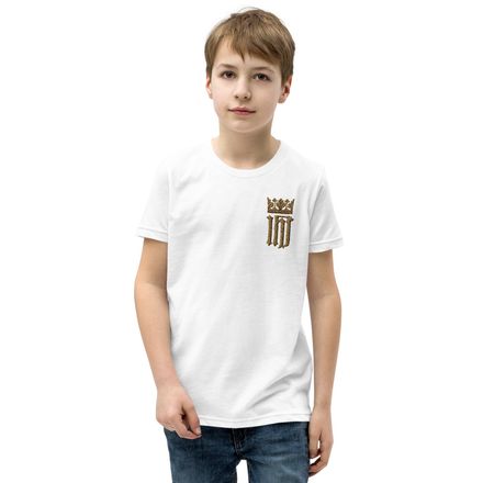 Embroidered Youth Staple Tee, IHS with Crown, Golden Pattern, nlxdo1, left chest