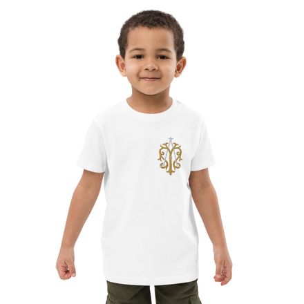 Embroidered Organic Cotton Kids T-Shirt, Auspice Maria, Crest, kgvlsx, left chest
