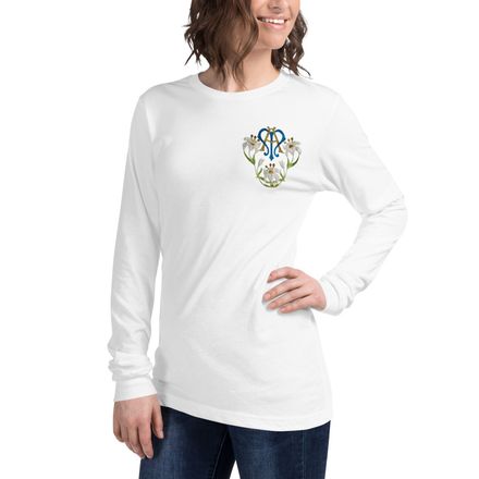 Unisex Long Sleeve Tee, Auspice Maria, Crest with flowers, qfko6t, left chest
