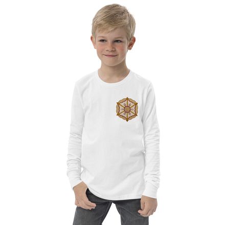 Youth Long Sleeve Tee, Monstrance with Golden Pattern, eneyoj, left chest