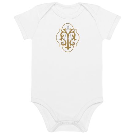 Embroidered Organic Cotton Baby Bodysuit, Auspice Maria, Crest with outer edge, kdegvj