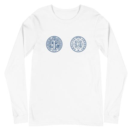 Embroidered Unisex Long Sleeve Tee, St. Benedict Medal, filt5a design, blue