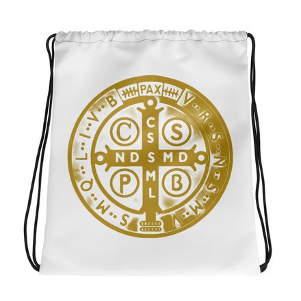 Drawstring Bag, St. Benedict Medal, oih8m5 design, gold