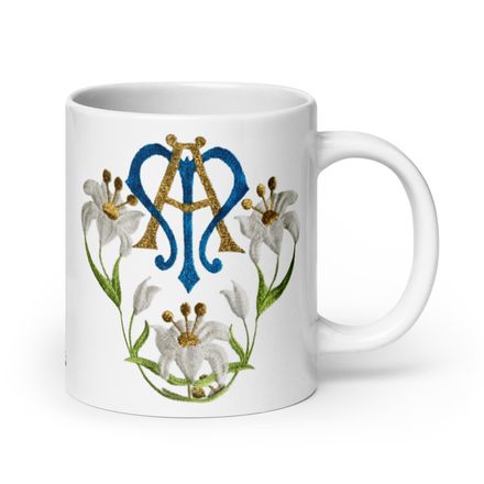   White Glossy Mug, 20oz, Auspice Maria, Crest with flowers, qfko6t