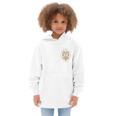 Embroidered Kids Fleece Hoodie, Auspice Maria, Crest with outer edge, kdegvj, left chest