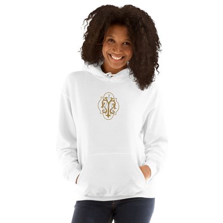 Embroidered Unisex Heavy Blend Hoodie, Auspice Maria, Crest with outer edge, kdegvj