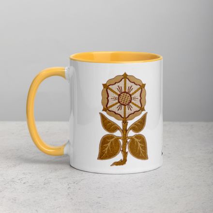 White Ceramic Mug with Color Inside, 11oz &amp; 15oz, Monstrance Tree with Golden Pattern, 7rmavy