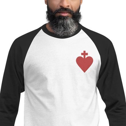 Embroidered Unisex 3/4 Sleeve Raglan Shirt, Sacred Heart of Jesus, yjegla design, left chest