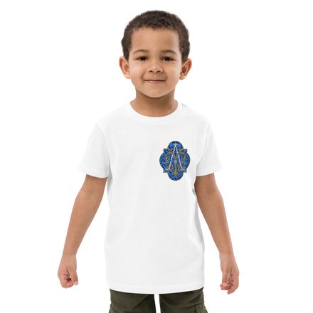 Embroidered Organic Cotton Kids T-Shirt, Auspice Maria, Crest with rounded Cross, u3bkt0