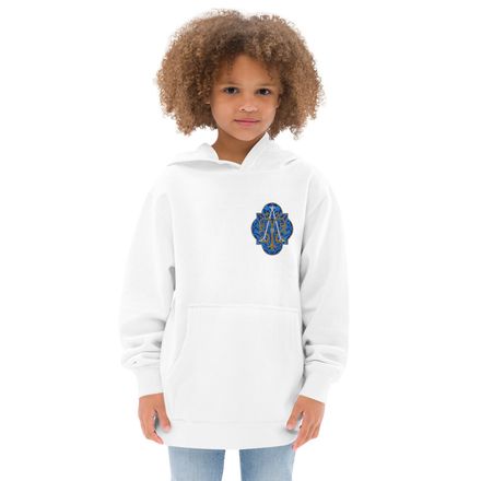 Embroidered Kids Fleece Hoodie, Auspice Maria, Crest with rounded Cross, u3bkt0, left chest