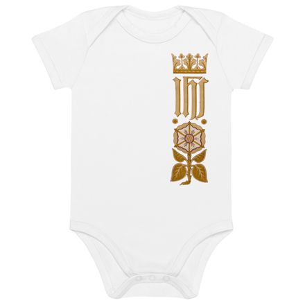 Organic Cotton Baby Bodysuit, IHS Stripe With Crown and Monstrance, vw6yal, left chest