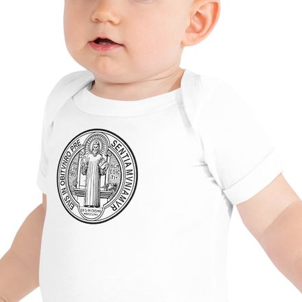 Embroidered Baby Short Sleeve One Piece, St. Benedict Medal, filt5a design
