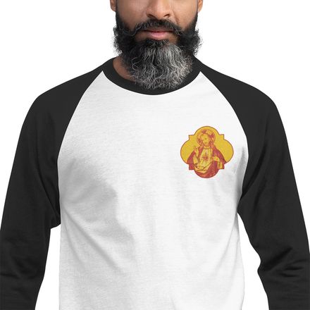 Embroidered Unisex 3/4 Sleeve Raglan Shirt, Sacred Heart of Jesus, eq75pu design, left chest