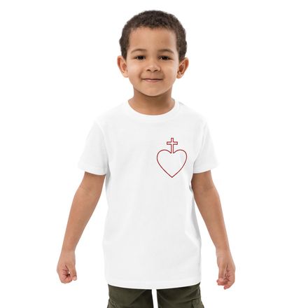 Embroidered Organic Cotton Kids T-Shirt, Sacred Heart of Jesus, 7ugqf9 hollow design, left chest